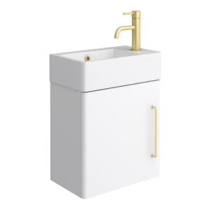 Odyssey White Wall Hung Cloakroom Vanity Unit 450mm Wide with Brushed Brass Handle (Right Hand Option)