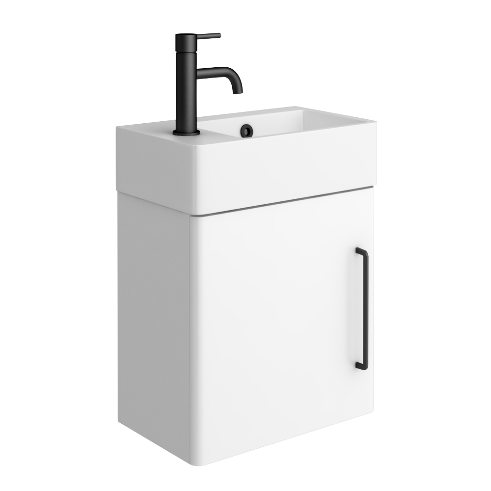 Odyssey White Wall Hung Cloakroom Vanity Unit 450mm Wide with Matt Black Handle (Left Hand Option)