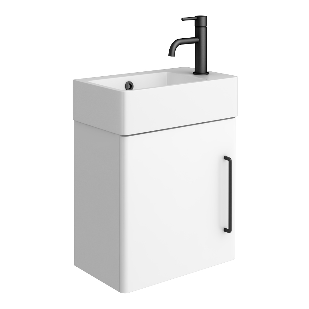 Odyssey White Wall Hung Cloakroom Vanity Unit 450mm Wide with Matt Black Handle (Right Hand Option)