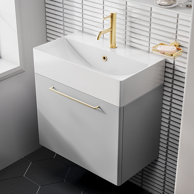 Odyssey Grey Wall Hung Vanity Unit 600mm Wide with Brushed Brass Handle - Image 2