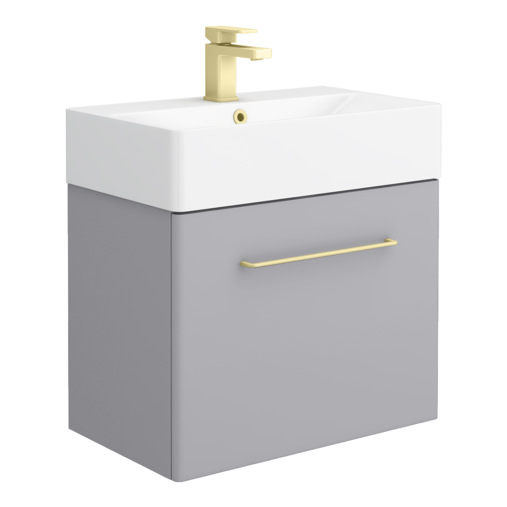 Odyssey Grey Wall Hung Vanity Unit 600mm Wide with Brushed Brass Handle