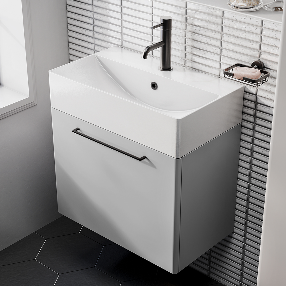 Odyssey Grey Wall Hung Vanity Unit 600mm Wide with Matt Black Handle