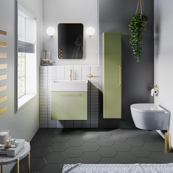 Odyssey Sage Wall Hung Vanity Unit   600mm Wide with Brushed Brass Handle - Image 2