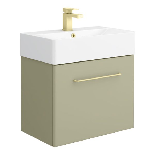 Odyssey Sage Wall Hung Vanity Unit   600mm Wide with Brushed Brass Handle - Image 5