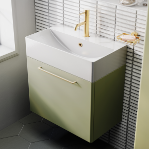 Odyssey Sage Wall Hung Vanity Unit   600mm Wide with Brushed Brass Handle