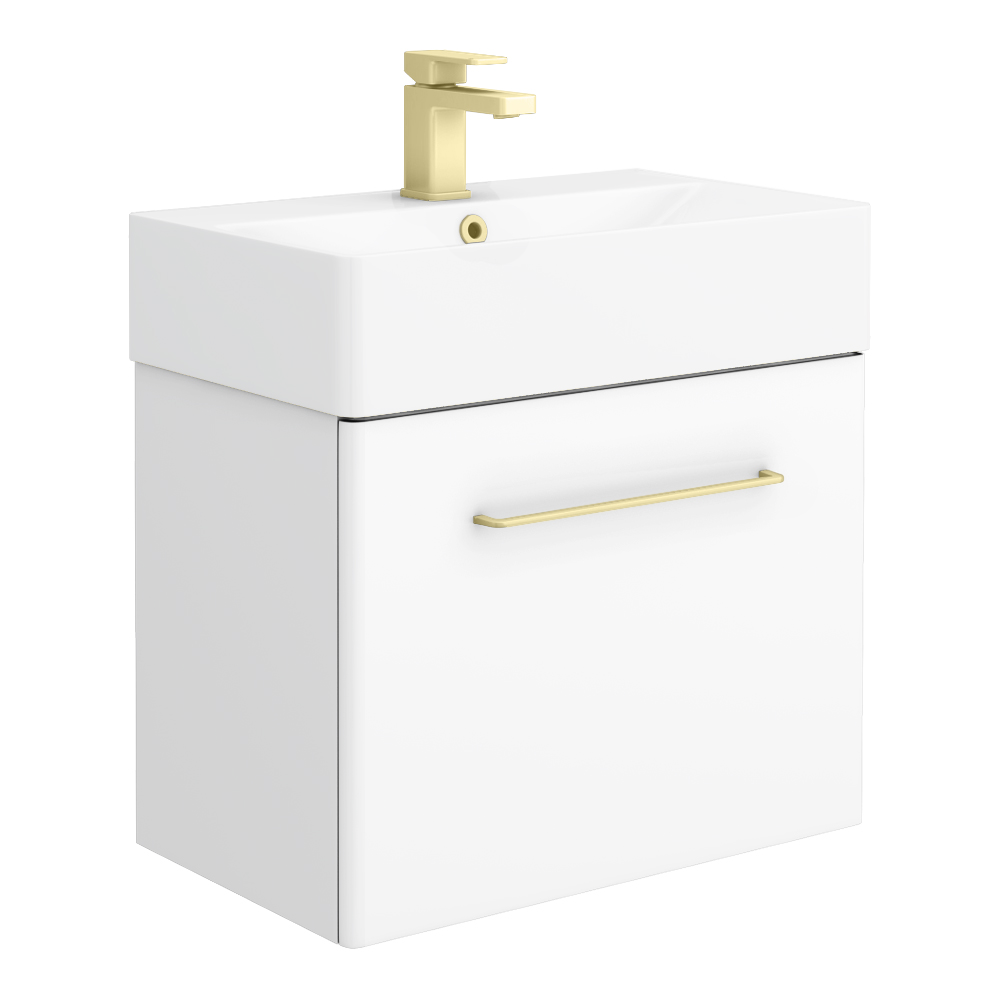 Odyssey White Wall Hung Vanity Unit 600mm Wide with Brushed Brass Handle