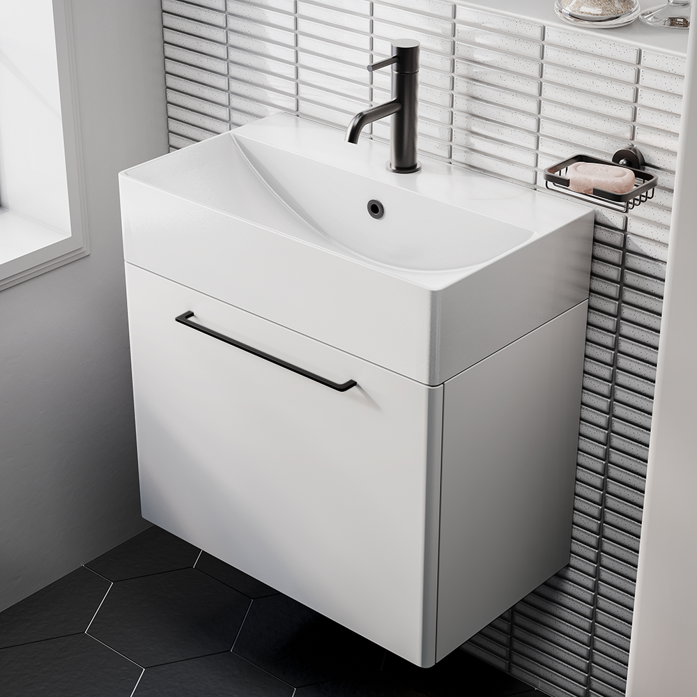 Odyssey White Wall Hung Vanity Unit 600mm Wide with Matt Black Handle