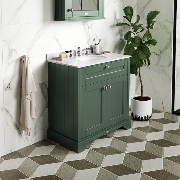 Old London 800mm Cabinet & Single Bowl White Marble Top   Hunter Green - Image 3