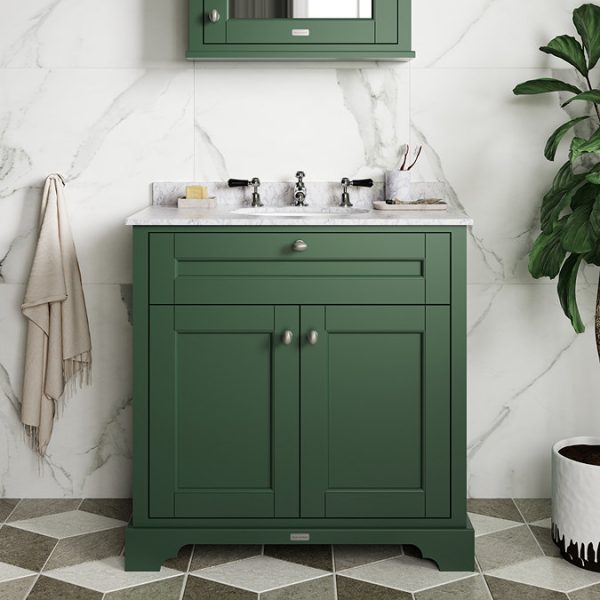 Old London 800mm Cabinet & Single Bowl White Marble Top   Hunter Green - Image 4