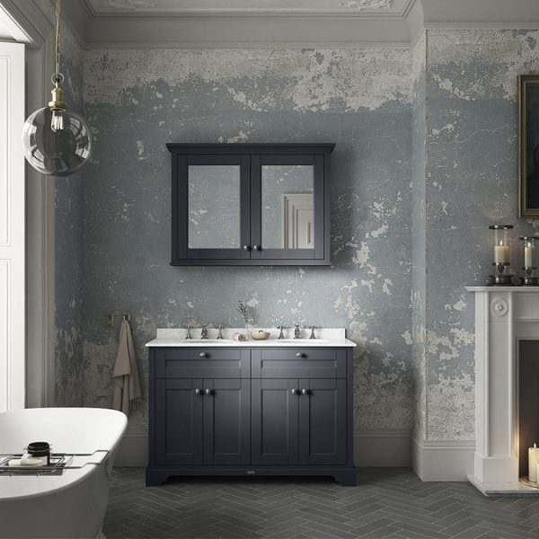 Old London 1200mm Cabinet & Double Bowl White Marble Top   Twilight Blue - Image 2