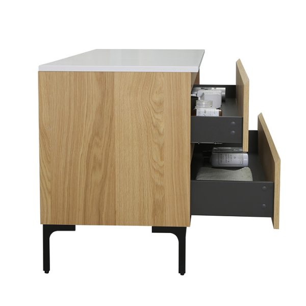 Osaka Slatted Oak 1200mm 2 Drawer Countertop Vanity Unit with White Stone Worktop - Image 5