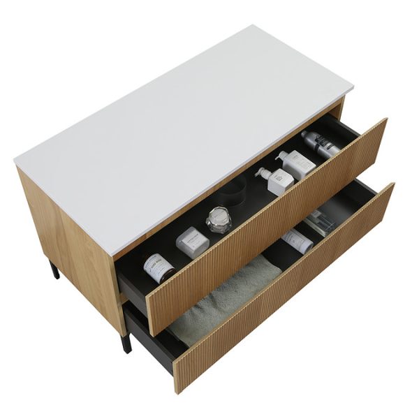 Osaka Slatted Oak 1200mm 2 Drawer Countertop Vanity Unit with White Stone Worktop - Image 6