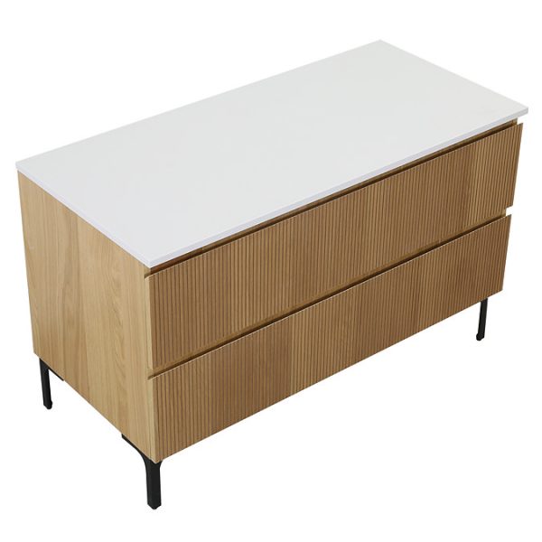 Osaka Slatted Oak 1200mm 2 Drawer Countertop Vanity Unit with White Stone Worktop - Image 2
