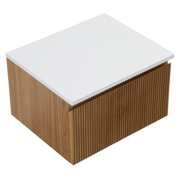 Osaka Slatted Oak 500mm Wall Hung 1 Drawer Countertop Vanity Unit with White Stone Worktop - Image 4