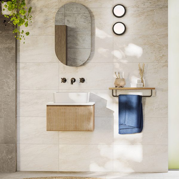 Osaka Slatted Oak 500mm Wall Hung 1 Drawer Countertop Vanity Unit with White Stone Worktop - Image 5