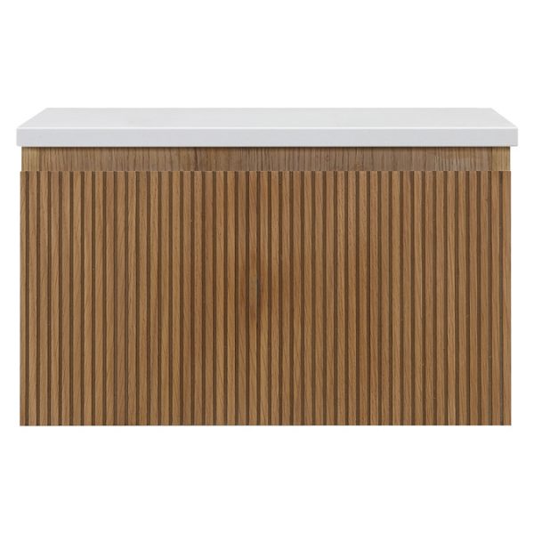 Osaka Slatted Oak 500mm Wall Hung 1 Drawer Countertop Vanity Unit with White Stone Worktop - Image 6