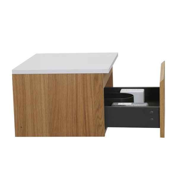 Osaka Slatted Oak 500mm Wall Hung 1 Drawer Countertop Vanity Unit with White Stone Worktop - Image 7