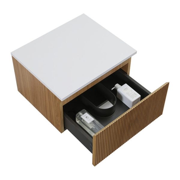 Osaka Slatted Oak 500mm Wall Hung 1 Drawer Countertop Vanity Unit with White Stone Worktop - Image 2