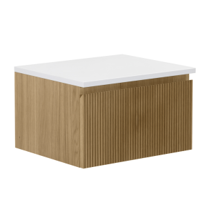Osaka Slatted Oak 500mm Wall Hung 1 Drawer Countertop Vanity Unit with White Stone Worktop