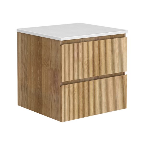 Osaka Slatted Oak 600mm 2 Drawer Countertop Vanity Unit with White Stone Worktop - Image 3