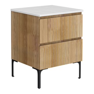Osaka Slatted Oak 600mm 2 Drawer Countertop Vanity Unit with White Stone Worktop
