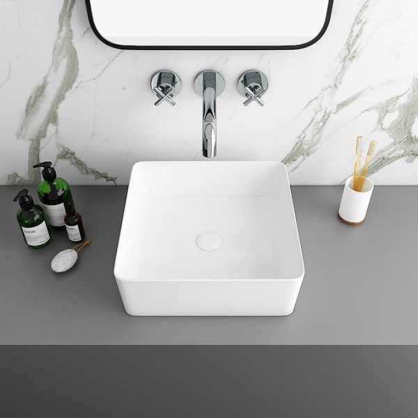 Osaka Slatted Oak 600mm Wall Hung 2 Drawer Countertop Vanity Unit with White Stone Worktop and Square Basin - Image 6
