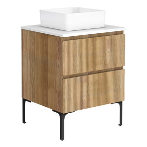 Osaka Slatted Oak 600mm 2 Drawer Vanity Unit with White Stone Worktop and Square Basin