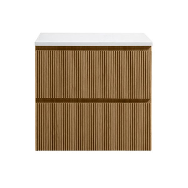 Osaka Slatted Oak 600mm Wall Hung 2 Drawer Countertop Vanity Unit with White Stone Worktop and Square Basin - Image 3