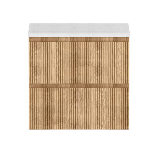 Osaka Slatted Oak 600mm Wall Hung 2 Drawer Countertop Vanity Unit with White Stone Worktop - Image 4