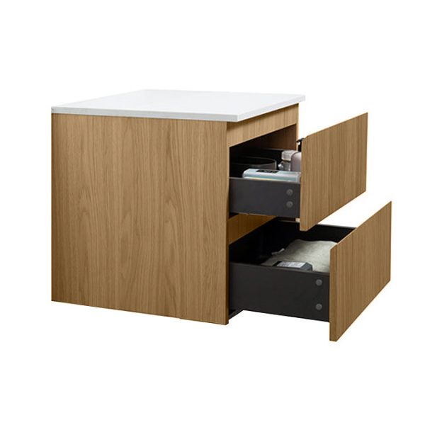 Osaka Slatted Oak 600mm Wall Hung 2 Drawer Countertop Vanity Unit with White Stone Worktop and Square Basin - Image 4