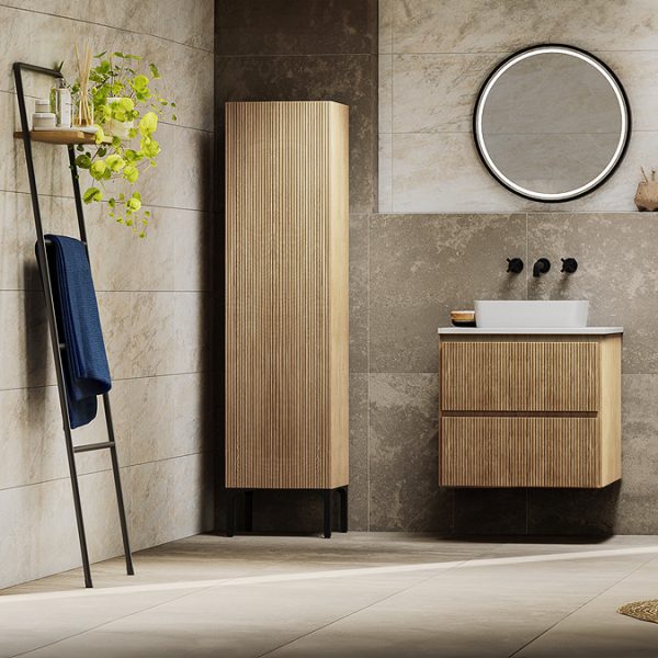 Osaka Slatted Oak 600mm Wall Hung 2 Drawer Countertop Vanity Unit with White Stone Worktop and Square Basin - Image 2