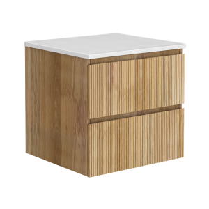 Osaka Slatted Oak 600mm Wall Hung 2 Drawer Countertop Vanity Unit with White Stone Worktop