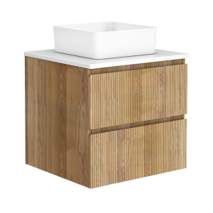 Osaka Slatted Oak 600mm Wall Hung 2 Drawer Countertop Vanity Unit with White Stone Worktop and Square Basin