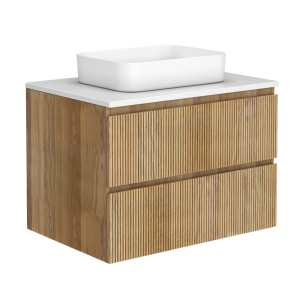 Osaka Slatted Oak 800mm Wall Hung 2 Drawer Countertop Vanity Unit with White Stone Worktop and Rectangular Basin