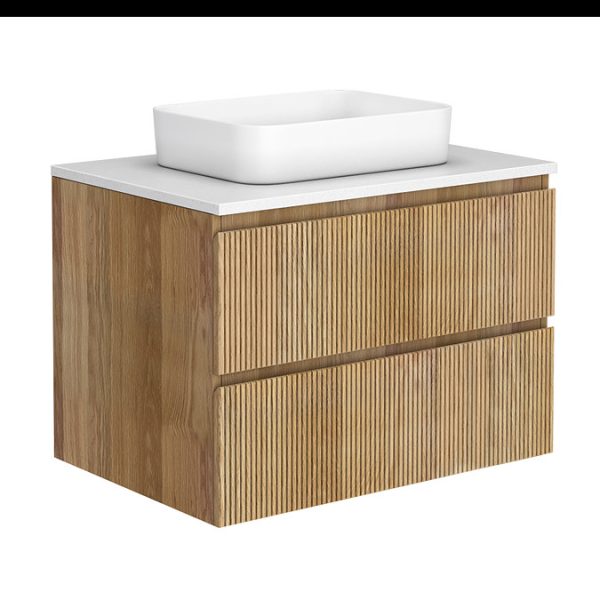 Osaka Slatted Oak 800mm 2 Drawer Vanity Unit with White Stone Worktop and Rectangular Basin - Image 4