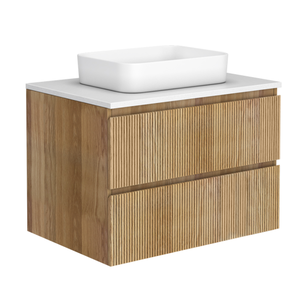 Osaka Slatted Oak 800mm Wall Hung 2 Drawer Countertop Vanity Unit with White Stone Worktop and Rectangular Basin