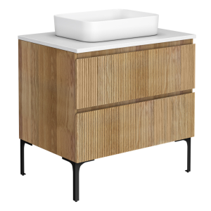 Osaka Slatted Oak 800mm 2 Drawer Vanity Unit with White Stone Worktop and Rectangular Basin