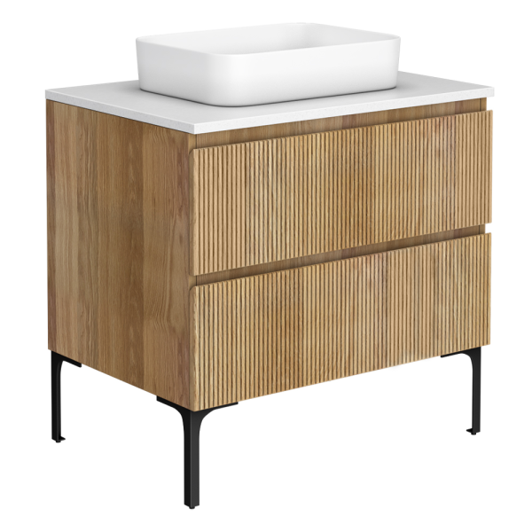 Osaka Slatted Oak 800mm 2 Drawer Vanity Unit with White Stone Worktop and Rectangular Basin