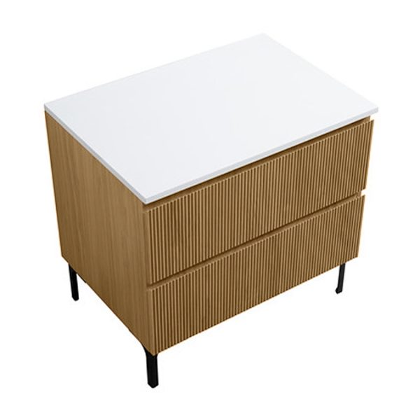 Osaka Slatted Oak 800mm 2 Drawer Vanity Unit with White Stone Worktop and Rectangular Basin - Image 5