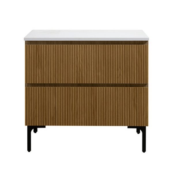 Osaka Slatted Oak 800mm 2 Drawer Vanity Unit with White Stone Worktop and Rectangular Basin - Image 2
