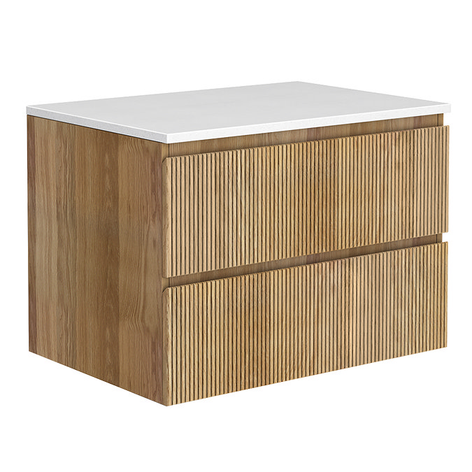 Osaka Slatted Oak 800mm 2 Drawer Countertop Vanity Unit with White Stone Worktop - Image 5