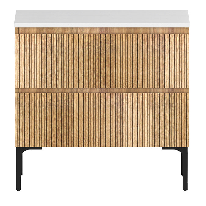 Osaka Slatted Oak 800mm 2 Drawer Countertop Vanity Unit with White Stone Worktop - Image 2