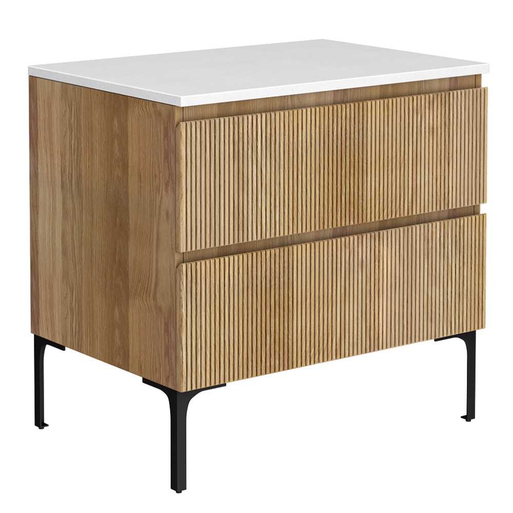 Osaka Slatted Oak 800mm 2 Drawer Countertop Vanity Unit with White Stone Worktop