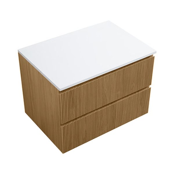 Osaka Slatted Oak 800mm Wall Hung 2 Drawer Countertop Vanity Unit with White Stone Worktop and Rectangular Basin - Image 6