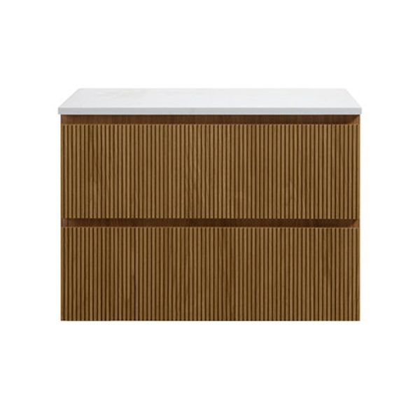 Osaka Slatted Oak 800mm Wall Hung 2 Drawer Countertop Vanity Unit with White Stone Worktop and Rectangular Basin - Image 4
