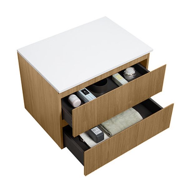 Osaka Slatted Oak 800mm Wall Hung 2 Drawer Countertop Vanity Unit with White Stone Worktop and Rectangular Basin - Image 5