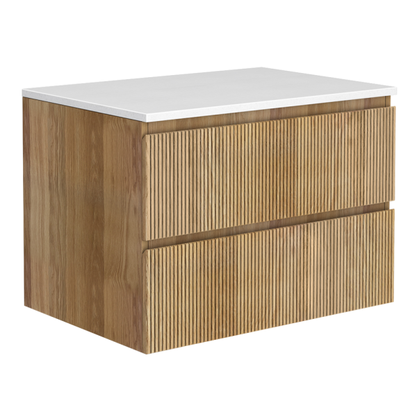 Osaka Slatted Oak 800mm Wall Hung 2 Drawer Countertop Vanity Unit with White Stone Worktop