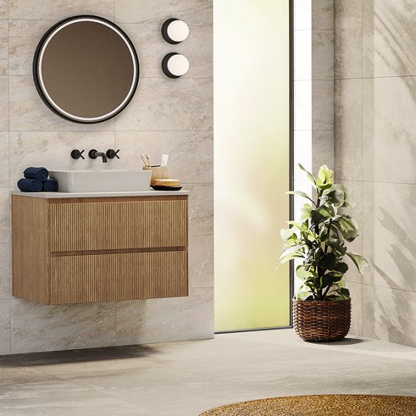 Osaka Slatted Oak 800mm Wall Hung 2 Drawer Countertop Vanity Unit with White Stone Worktop and Rectangular Basin - Image 2