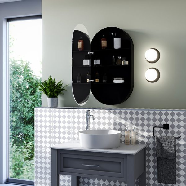 Oscar 800 x 450mm Lozenge Shaped Mirrored Cabinet   Matt Black - Image 5