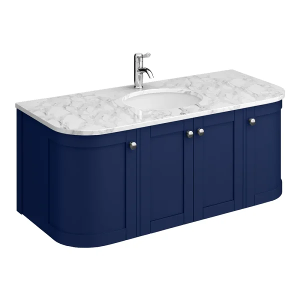 Period Bathroom Co. 1220mm Curved Wall Hung Vanity with White Marble Basin Top   Cobalt Blue